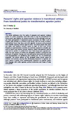 Portada de Peasants' rights and agrarian violence in transitional settings: From transitional justice to transformative agrarian justice