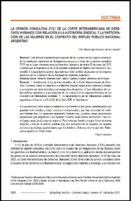 Portada de La Opinión Consultiva 27/21 de la Corte Interamericana de Derechos Humanos con relación a la autonomía sindical y la participación de las mujeres en el contexto del empleo público nacional argentino