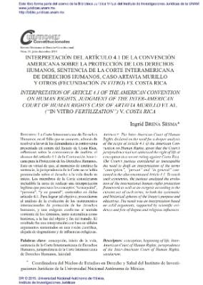 Portada de Interpretación del artículo 4.1 de la Convención Americana sobre la Protección de los Derechos Humanos, sentencia de la Corte Interamericana de Derechos Humanos, Caso Artavia Murillo y otros (fecundación in vitro) Vs. Costa Rica

