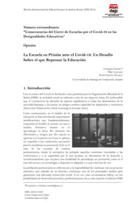 Portada de La escuela en prisión ante el Covid-19. Un desafío sobre el que repensar la educación