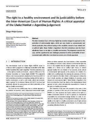 Portada de The right to a healthy environment and its justiciability before the Inter-American Court of Human Rights: A critical appraisal of the Lhaka Honhat v Argentina judgement