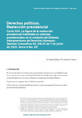 Portada de Derechos políticos.  Reelección presidencial. Corte IDH. La figura de la reelección presidencial indefinida en sistemas presidenciales en el contexto del Sistema Interamericano de Derechos Humanos: Opinión Consultiva OC-28/21 de 7 de junio de 2021. Serie A No. 28.