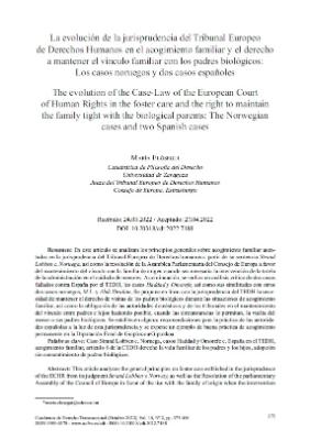 Portada de La evolución de la jurisprudencia del Tribunal Europeo de Derechos Humanos en el acogimiento familiar y el derecho a mantener el vínculo familiar con los padres biológicos: Los casos noruegos y dos casos españoles