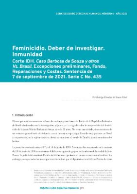 Portada de Feminicidio. Deber de investigar. Inmunidad. Corte IDH. Caso Barbosa de Souza y otros Vs. Brasil. Excepciones preliminares, Fondo, Reparaciones y Costas. Sentencia de 7 de septiembre  de 2021. Serie C No. 435 