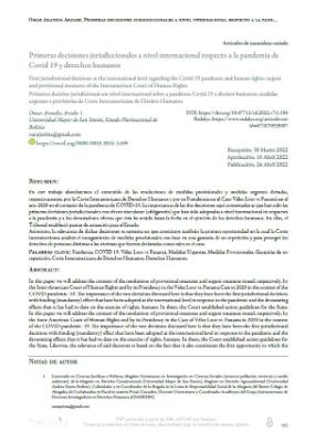 Portada de Primeras decisiones jurisdiccionales a nivel internacional respecto a la pandemia de Covid 19 y derechos humanos: Medidas urgentes y provisionales de la Corte Interamericana de Derechos Humanos