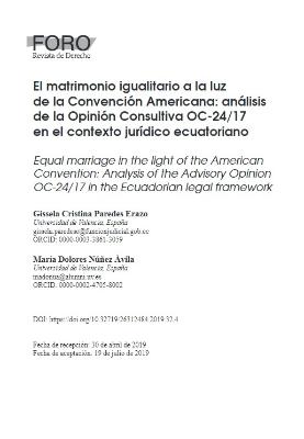 Portada de El matrimonio igualitario a la luz de la Convención Americana: Análisis de la Opinión Consultiva OC-24/17 en el contexto jurídico ecuatoriano