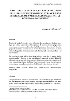 Portada de Marco legal para las políticas de inclusión del pueblo afroecuatoriano en el gobierno
intercultural y multicultural 2007-2016: El decreto 60 incumplido